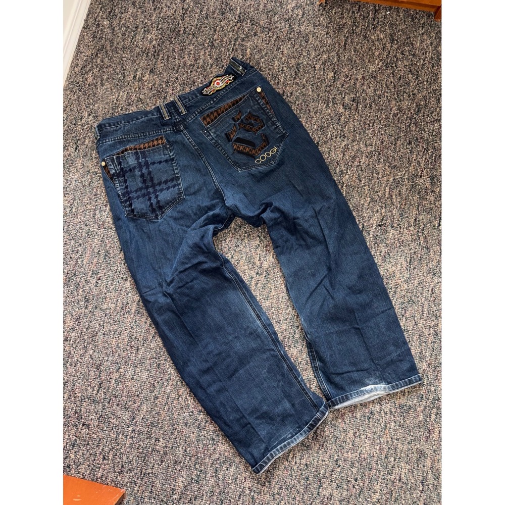 Y2K Coogi Australia Baggy Jeans Dark Wash Embroidered Houndstooth Mens W44 L35